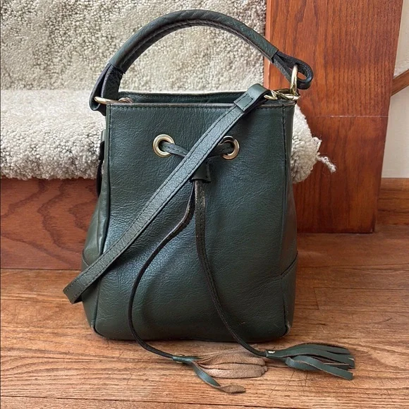 Divina Firenze Small green 2-way bucket bag genuine leather tassels - Picture 2 of 11